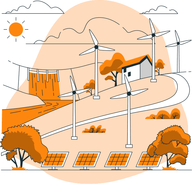 Ilustração da Forza Energia com painéis solares e turbinas eólicas